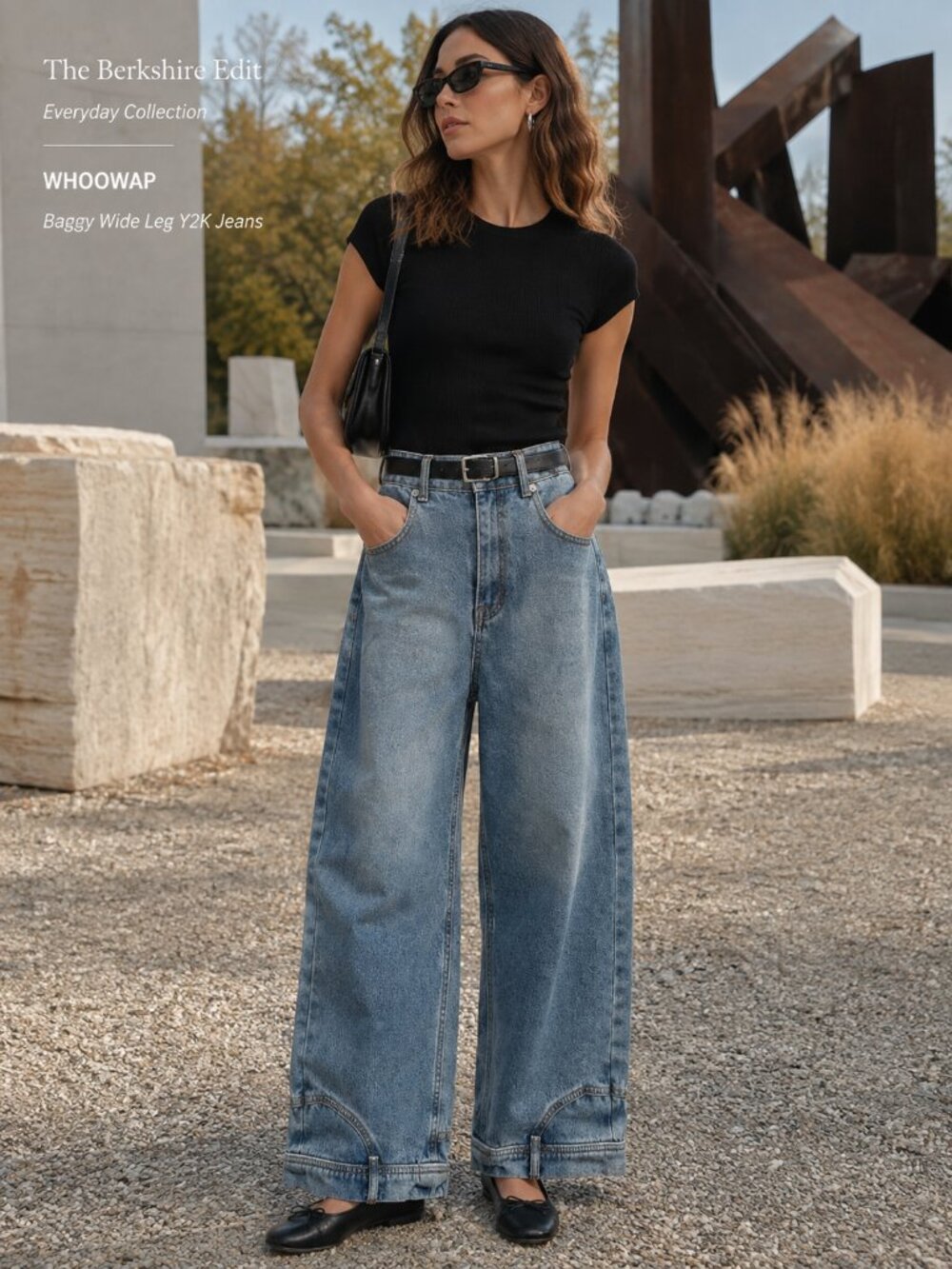 WHOOWAP Wide Leg Jeans Blue Y2K Patch Detail High Rise Baggy Denim Pants